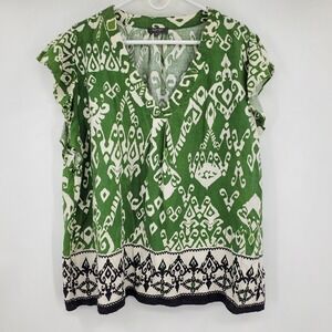 Haute Hippie Style Womens 3X Green Ikat Linen Blend Flutter Sleeve V-Neck Blouse